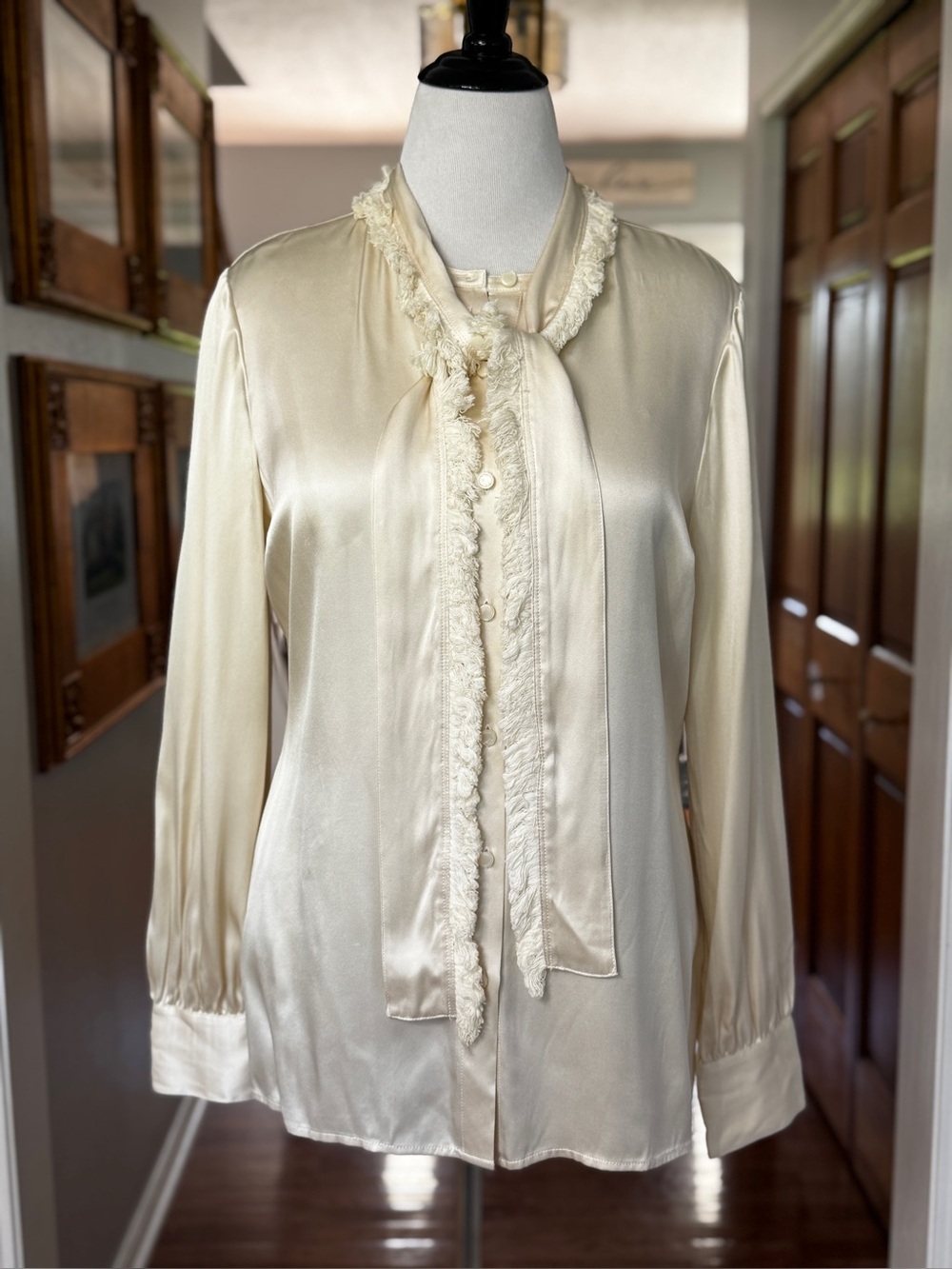Tory Burch Ivory Waverly 100% Silk Blouse Removable Fringe Tie Bow NWT 14